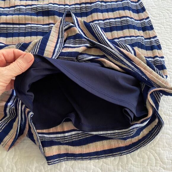 Miami Striped Knit Shift Dress Sleeveless Size M Navy Tan Pink White - Picture 7 of 9